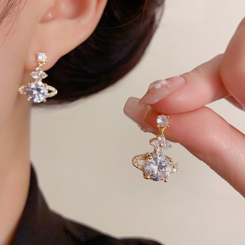 Luxury Zircon Saturn Planet Drop Earrings – Elegant Cosmic Design