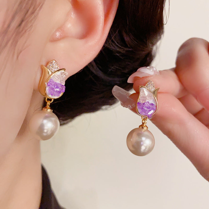 14K Gold-Plated Purple Tulip Pearl Drop Earrings–Elegant Floral Design