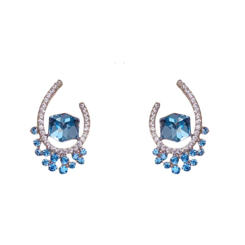 S925 Vintage Blue U-Shaped Zircon Stud Earrings – Geometric Design