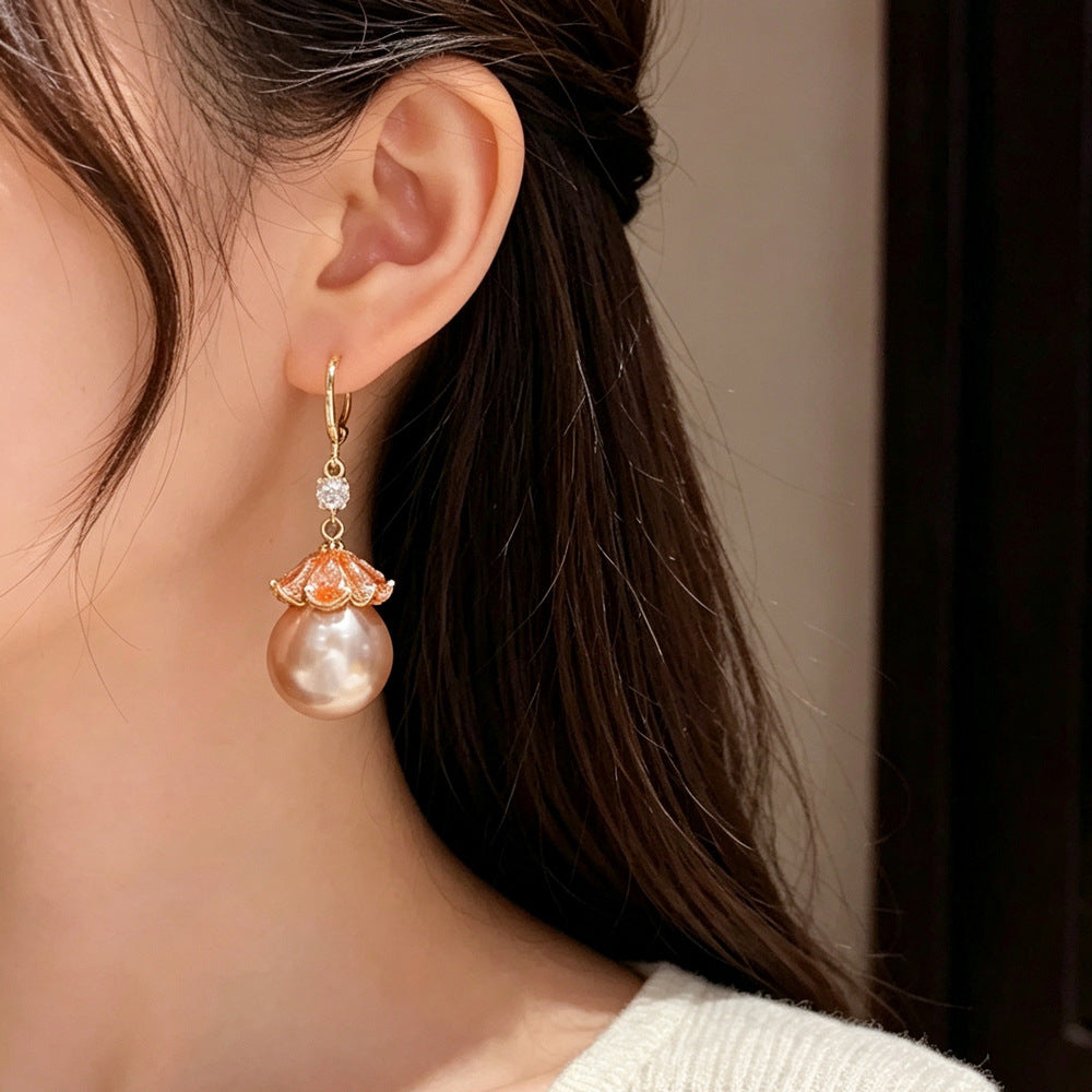 Eaioncol Coffee Gold CZ Petal Pearl Drop Earrings