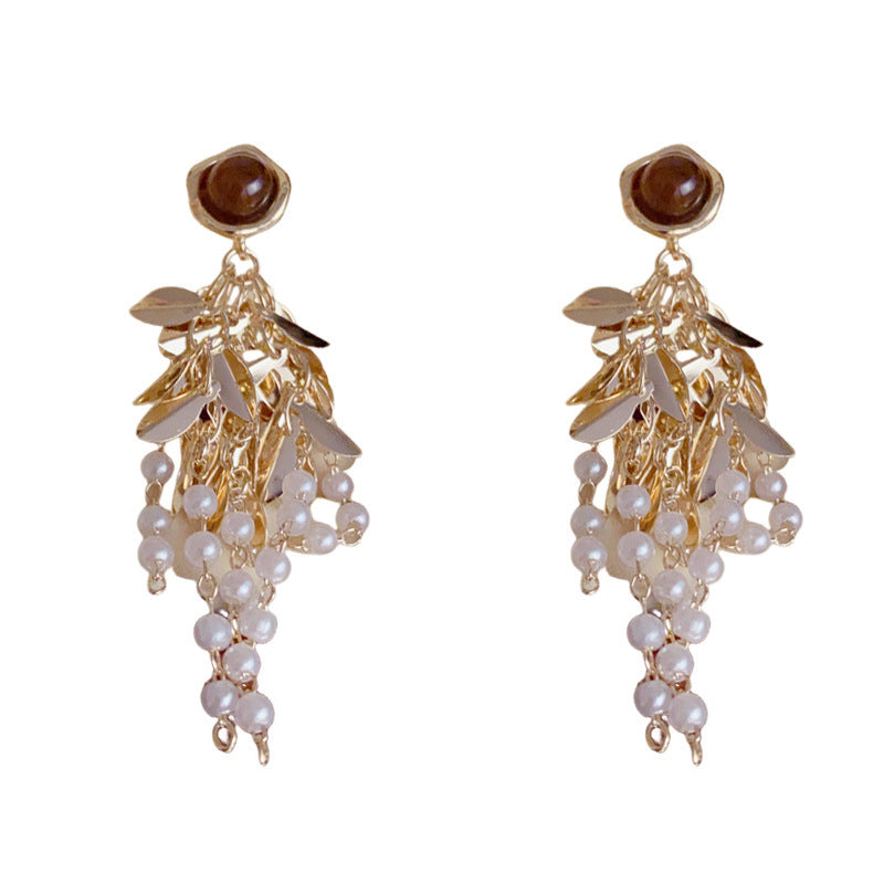 Elegant Tiger's Eye Leaf & Pearl Tassel Earrings – Floral Design
