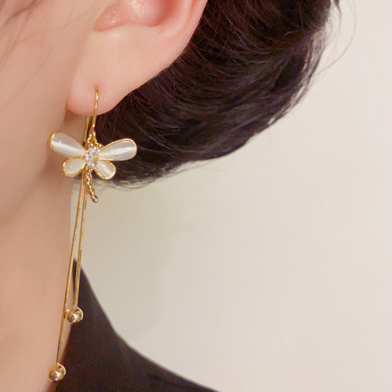 Luxury Zircon Dragonfly Long Tassel Drop Earrings – S925 Silver Needle