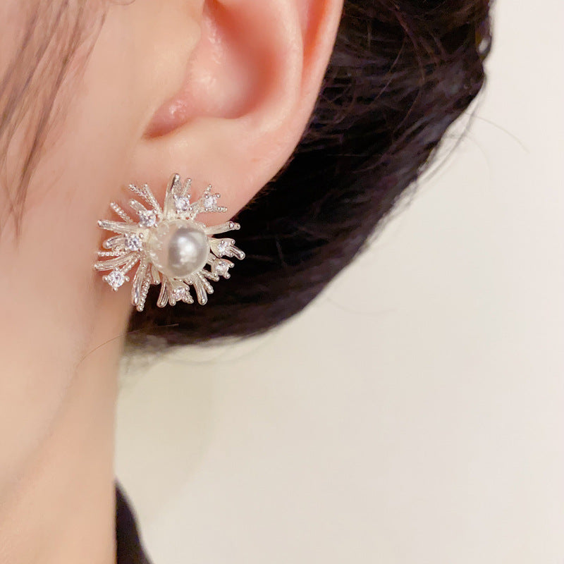 Luxury Zircon Firework & Pearl Stud Earrings – Elegant Floral Design