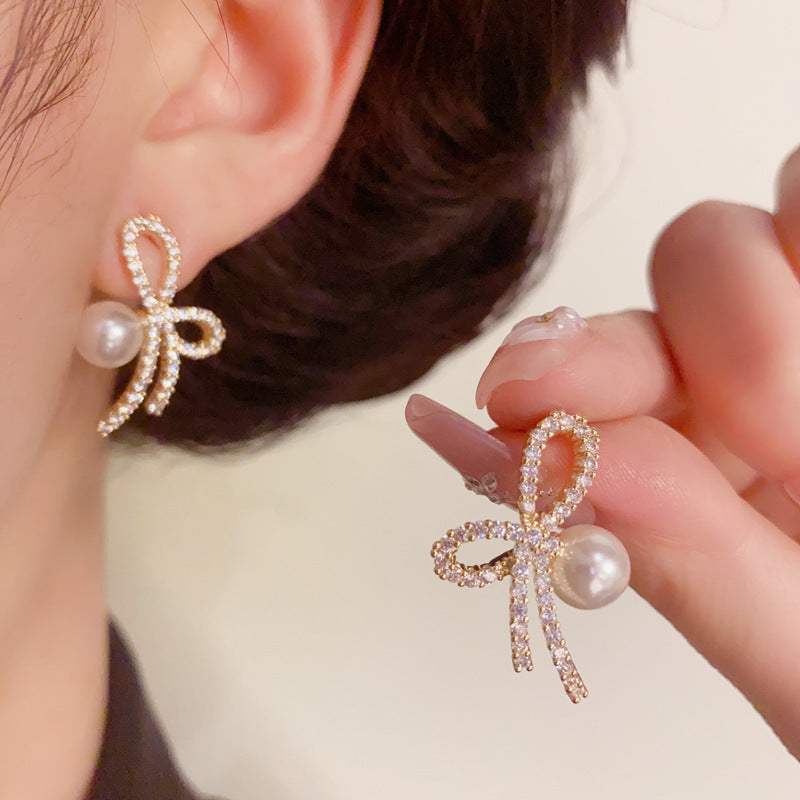14K Gold Luxury Zircon Bow & Pearl Stud Earrings – S925 Silver Needle