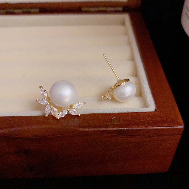 14K Gold-Plated Zircon Leaf Pearl Stud Earrings - Elegant Design