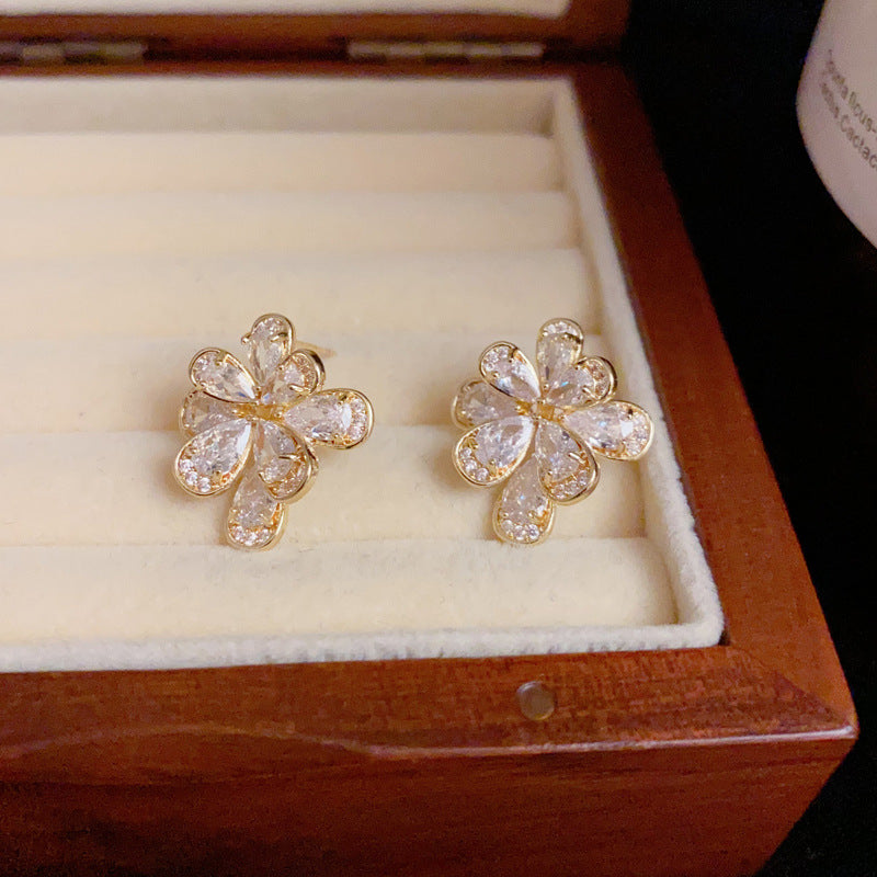 14K Gold Full Zircon Flower Earrings - Chic Elegance Design