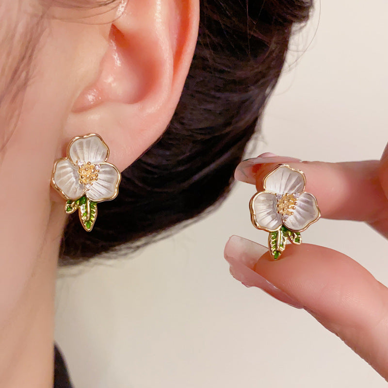 14K Gold-Plated Camellia Stud Earrings – Elegant Floral Design