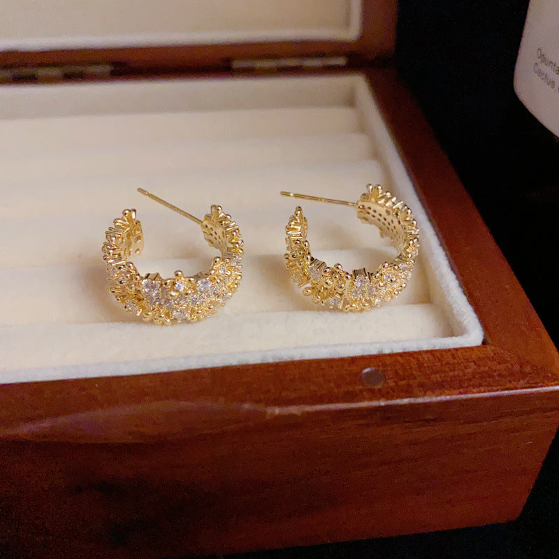 14K Gold Full Rhinestone C-Hoop Earrings – Sparkling Minimalist Style