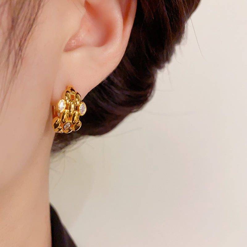 14K Gold-Plated Wheat Spike Hoop Earrings with Zircon - Elegant Design