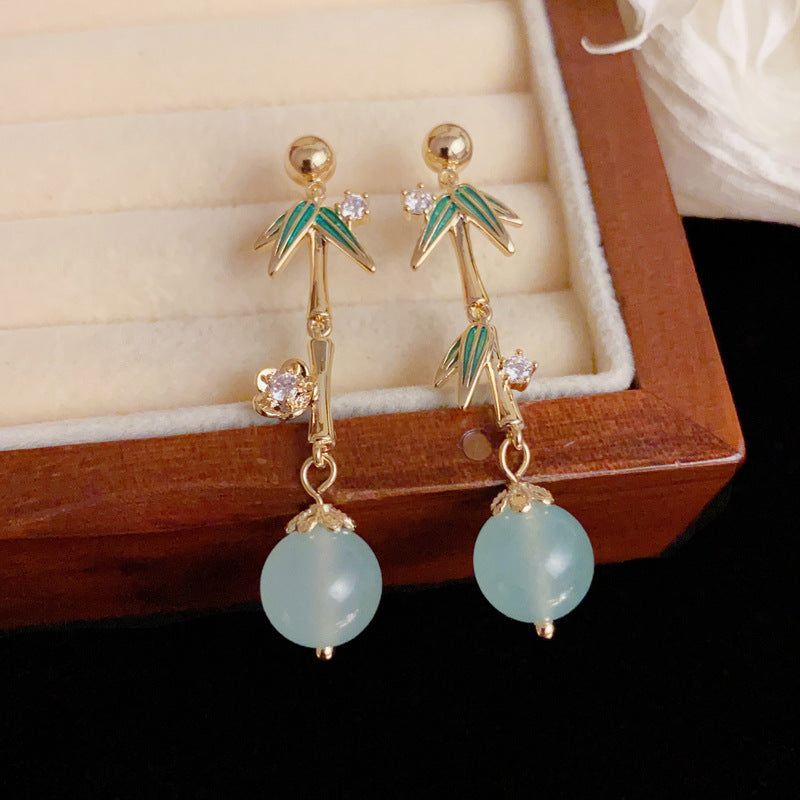 Luxury Zircon Metal Bamboo Leaf Drop Earrings – Elegant Design