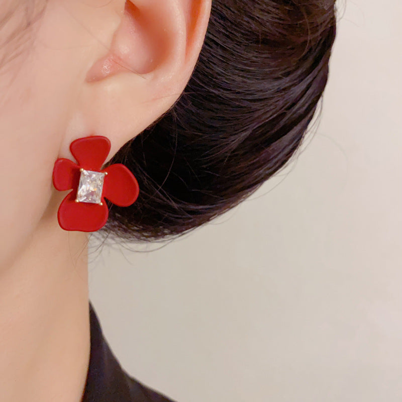 Luxury Red Square Zircon Petal Stud Earrings – Floral Design
