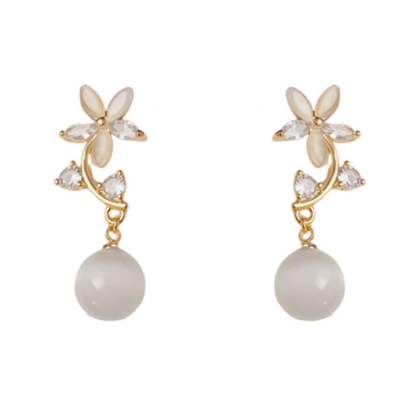 14K Gold-Plated Cat's Eye Flower Drop Earrings – Elegant Floral Design