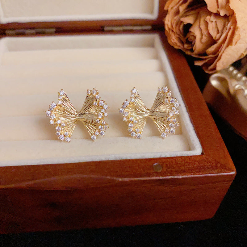 Luxury Pleated Bow-Shaped & Zircon Stud Earrings – Elegant Design