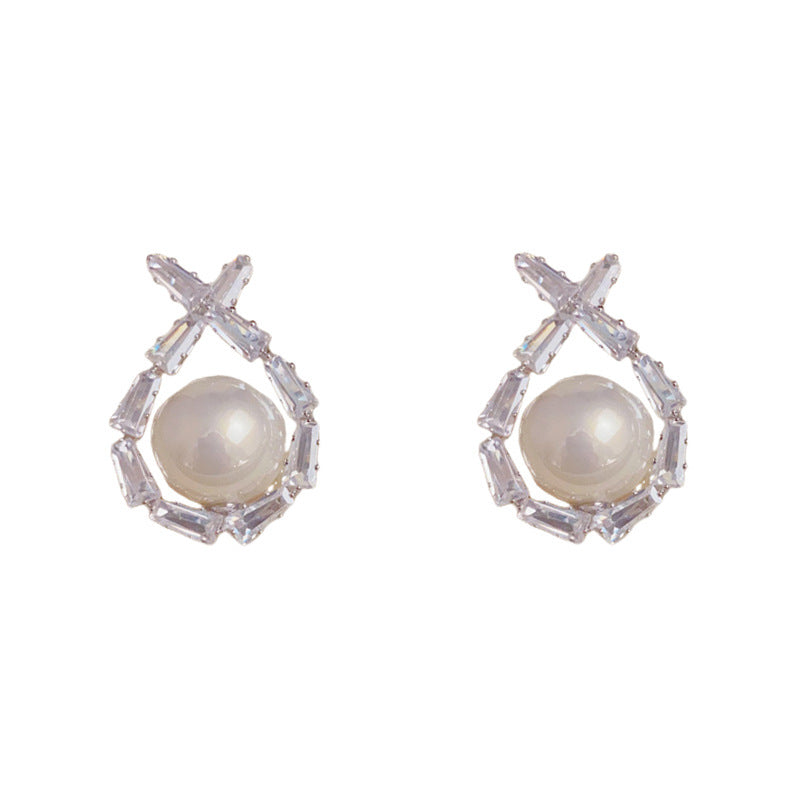 Luxury Zircon Crossed Pearl Droplet Earrings – Elegant Design