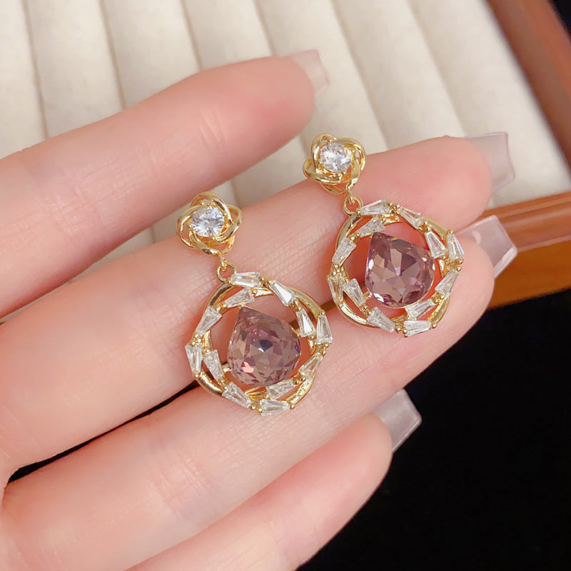 Eaioncol Geometric Zircon Halo Teardrop Drop Earrings Gold