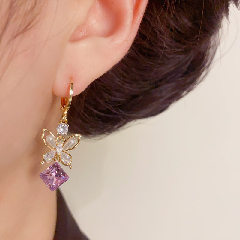 Purple Amethyst Butterfly Tassel Drop Gold Earrings – Elegant Design