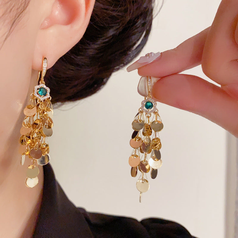 Luxury Zircon Petal Metal Disc Tassel Drop Earrings – Elegant Design