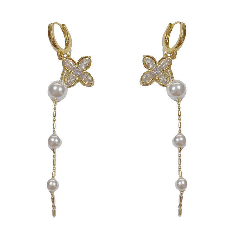 14K Gold Zircon Four-Leaf Flower Pearl Tassel Earrings – Elegant Chic