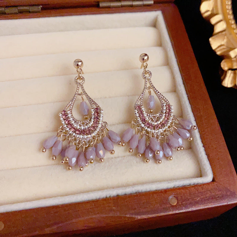 Luxury Teardrop Beaded Tassel Drop Gold Earrings – Elegant Design