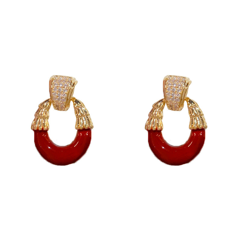 Luxury Zircon Enamel Oval Stud Earrings – Geometric Design