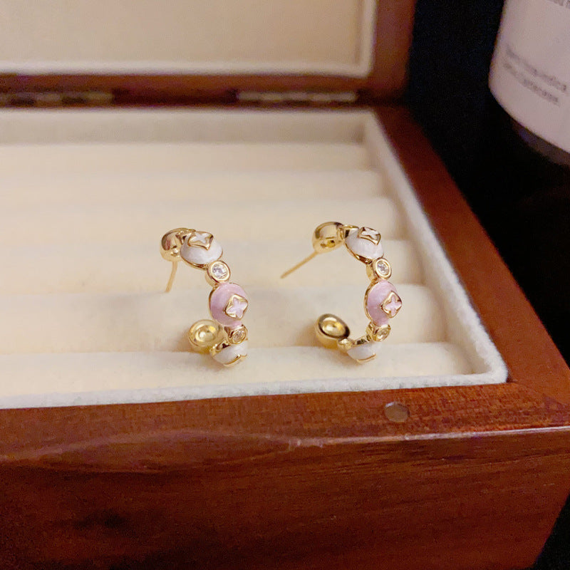 14K Gold Sweet Enamel Color-Block C-Shaped Earrings – Elegant Design