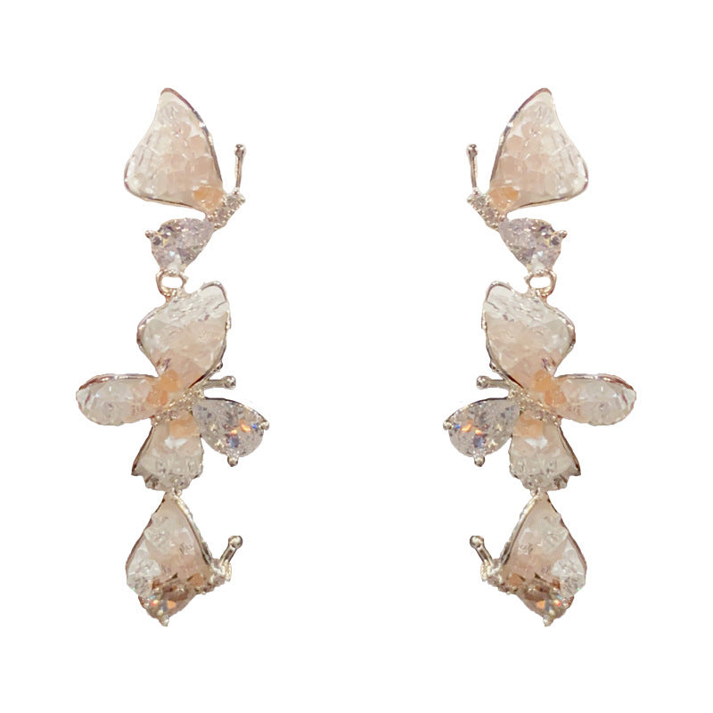 14K Gold Gradient Crystal Butterfly Tassel Earrings – Elegant Design