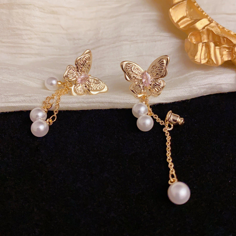Butterfly Chain & Pearl Front-Back Drop Earrings – Elegant Design