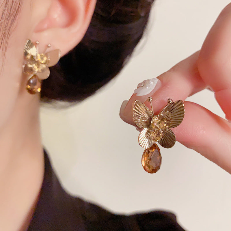 Luxury Coffee Gold Butterfly Teardrop Earrings – Elegant Design