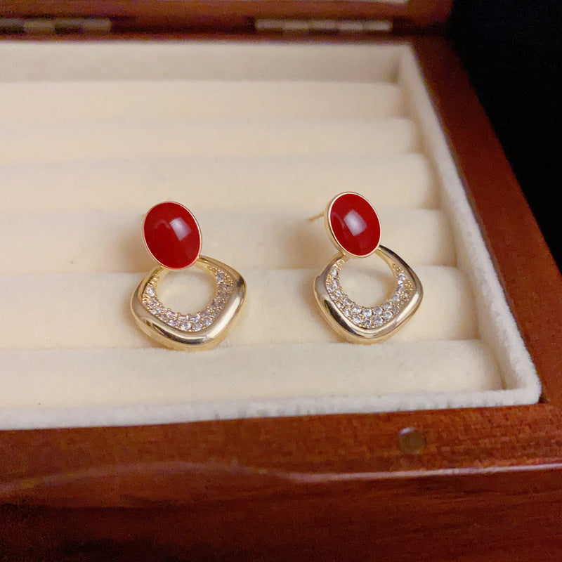 14K Gold-Plated Red Drop Oil Diamond Shape Earrings - Retro Design