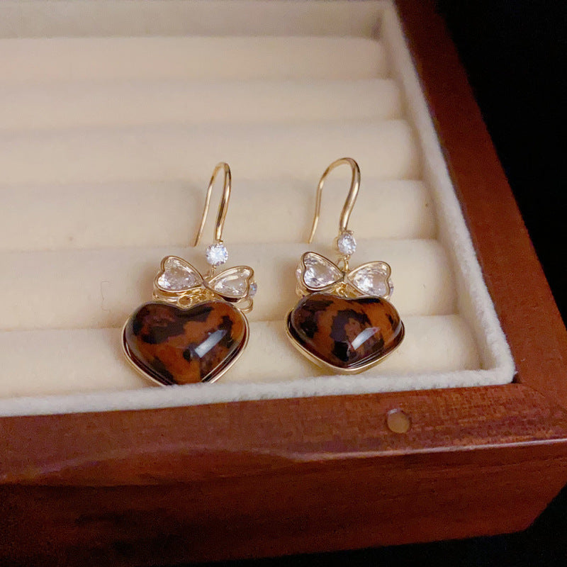 Luxury Bow Leopard Heart Ear Hook Gold Earrings – Elegant Design