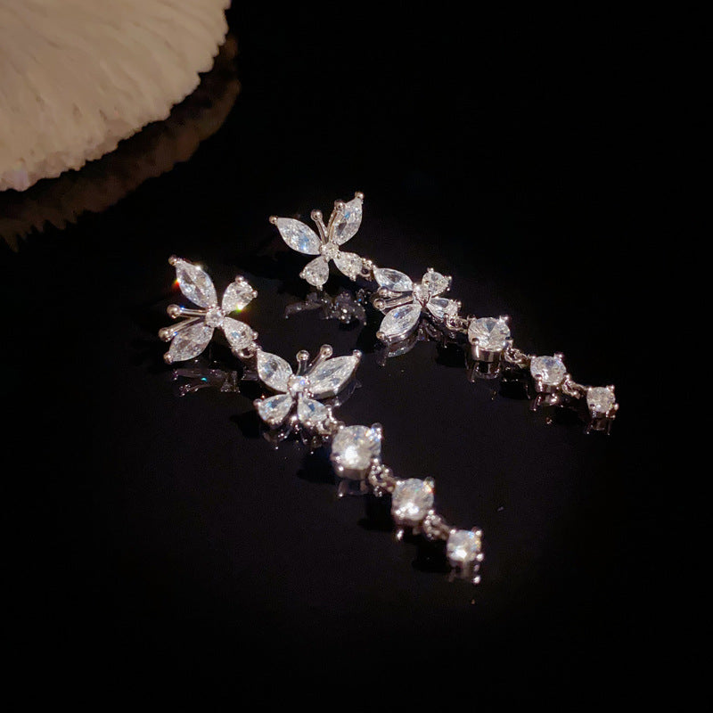 14K Glod Luxury Zircon Butterfly Tassel Drop Earrings – Elegant Design