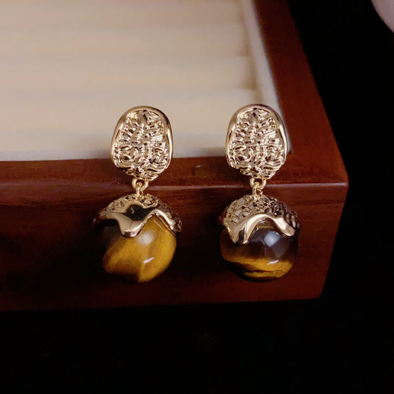 14K Gold-Plated Tiger's Eye Stud Earrings - Minimalist Luxury