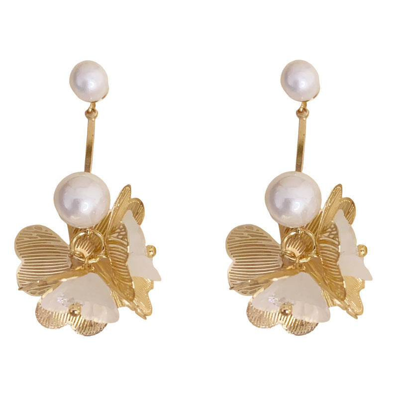 Eaioncol Openwork Petal Pearl Drop Earrings Gold Silver