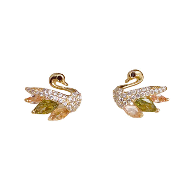 14K Gold Colorful Crystal Swan Stud Earrings – Dainty Animal Design