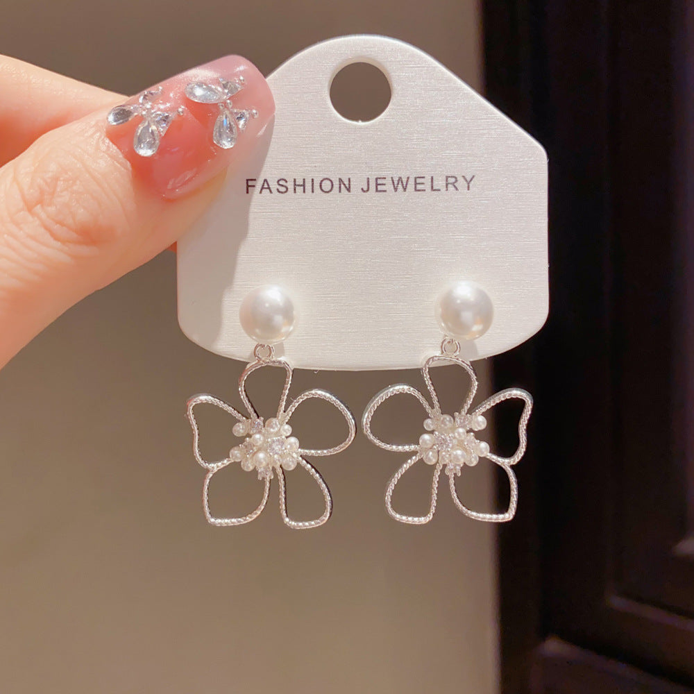 Eaioncol Openwork Petal Pearl Drop Earrings Silver 925 Post