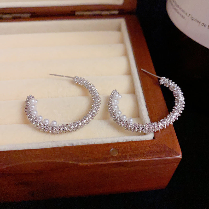 14K Gold Crushed Silver Pearl Hoop Earrings- Chic Minimalist Design