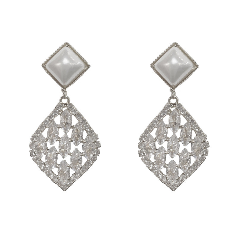 14K Gold Pearl Zircon Rhombus Drop Earrings - Chic Elegance Design