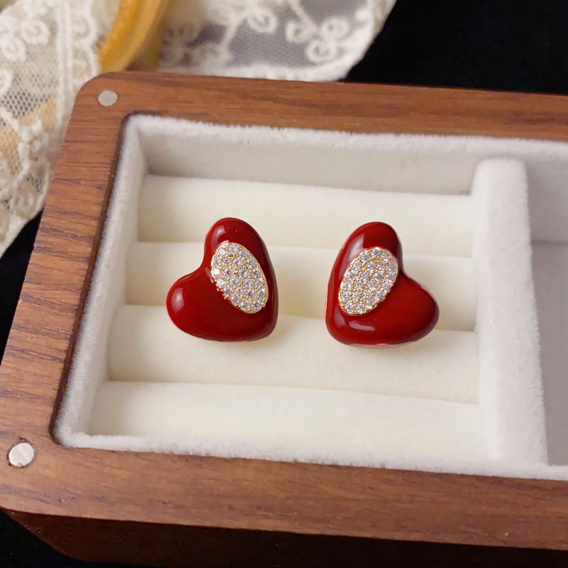 Luxury Red Enamel & Zircon Heart Stud Earrings – Elegant Design