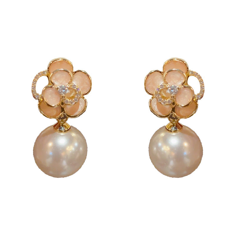 14K Gold Pink Camellia Pearl Drop Earrings – Floral Elegant Design