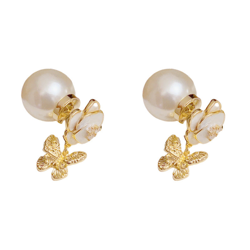 Sweet Flower & Butterfly Tassel Pearl Earrings – S925 Silver Needle