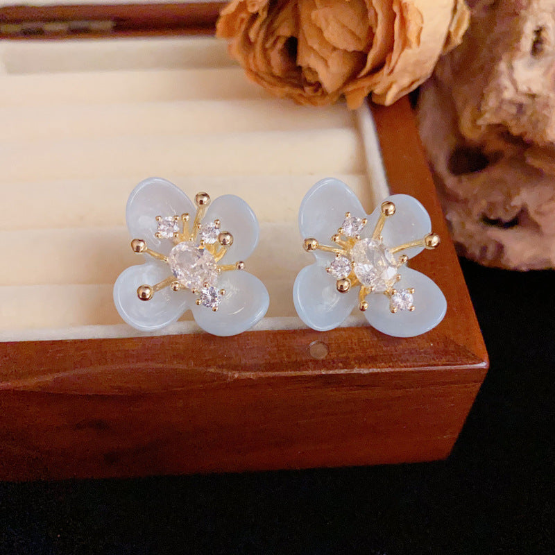 Elegant Blue Zircon Flower Petal Stud Floral Earrings – Silver Needle