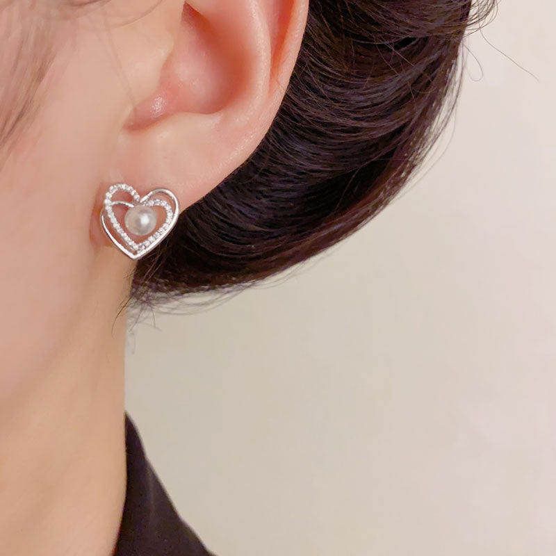 Luxury Zircon Double-Layer Heart Pearl Stud Earrings – Elegant Design