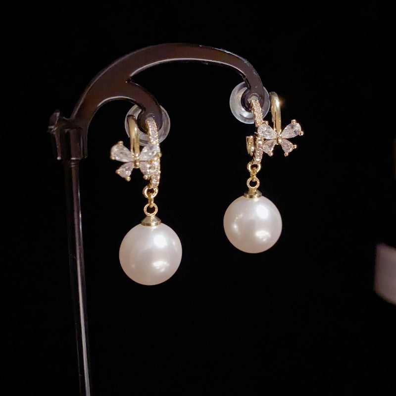 14K Gold-Plated Zircon Butterfly Pearl Tassel Earrings –Elegant Design