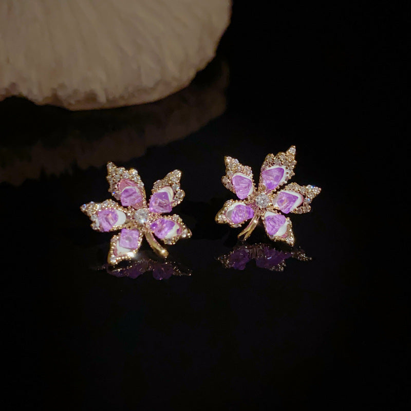14K Gold-Plated Purple Maple Leaf Stud Earrings – Chic Floral Design