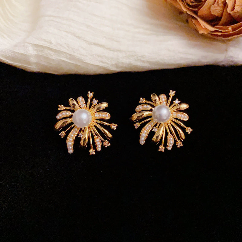 Luxury Metal Pearl & Firework Stud Earrings – Elegant Floral Design