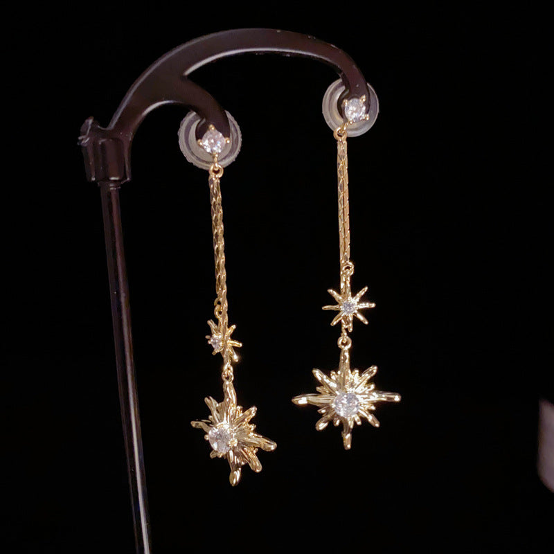 14K Gold Zircon Star Tassel Drop Earring - Chic Elegance Design