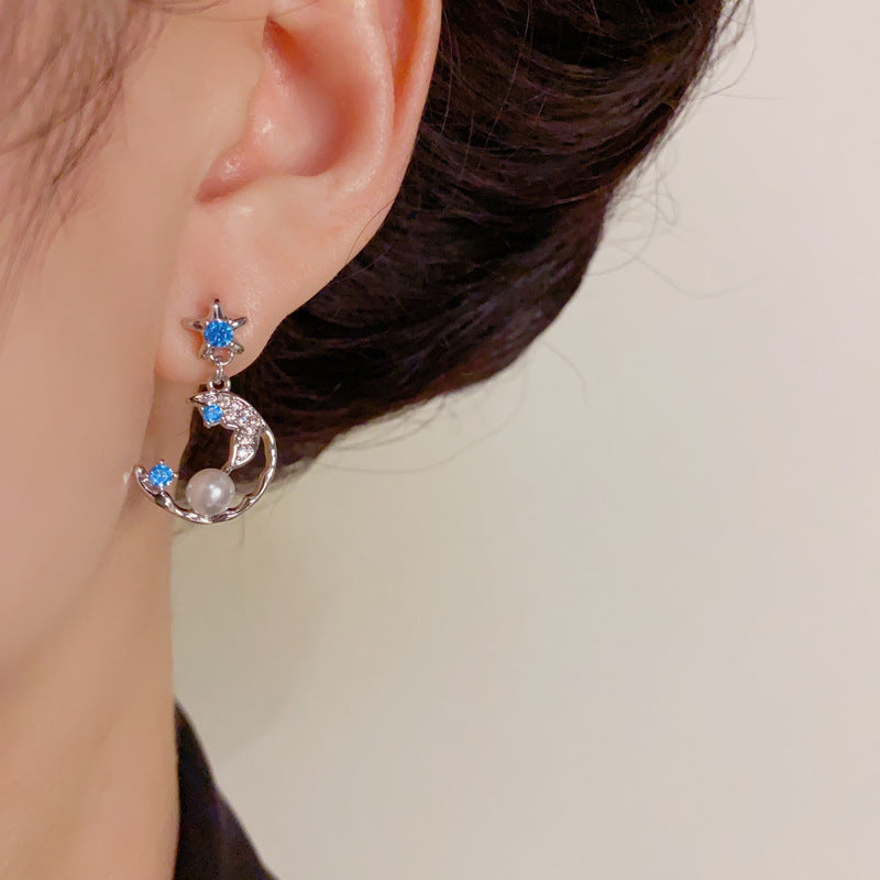 Luxury Zircon Star & Moon Pearl Drop Earrings – Elegant Design