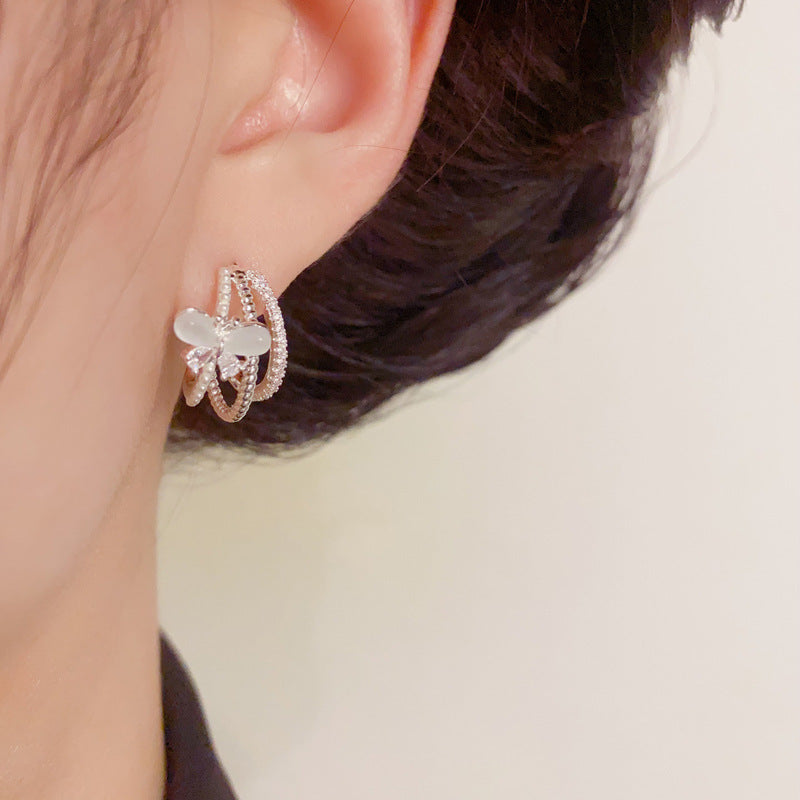 Zircon Butterfly Multi-Layer Arc Stud Earrings – S925 Silver Needle
