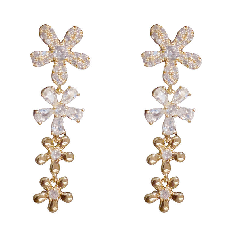 14K Gold Full Zircon Flower Tassel Earrings – Elegant Sweet Style