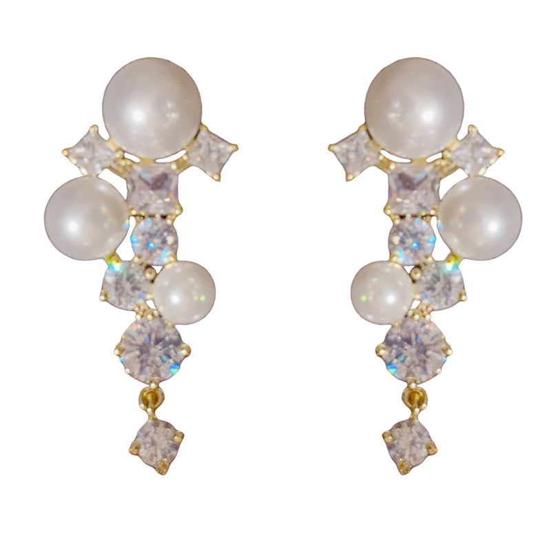 14K Gold-Plated Zircon Pearl Tassel Earrings – Bold Geometric Design